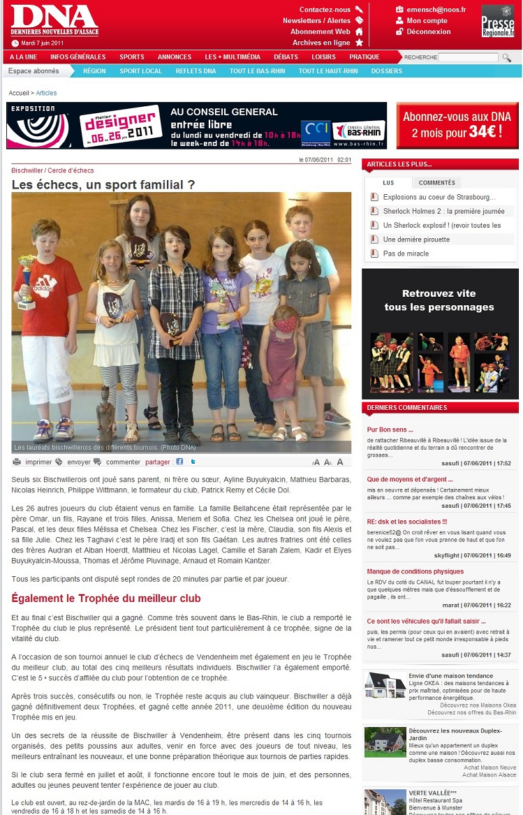 Article paru dans l'édition des Dernières Nouvelles d'Alsace du 7 Juin 2011